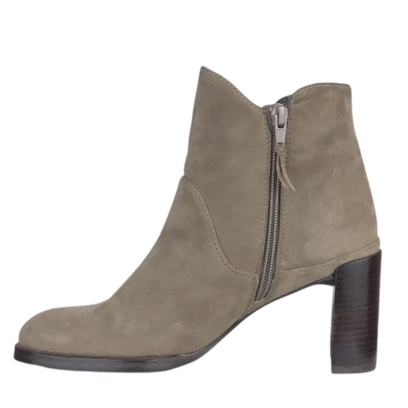 Stuart Weitzman Mcclean Suede Taupe Heeled Ankle Boot with Crescent Heel - Picture 5 of 16